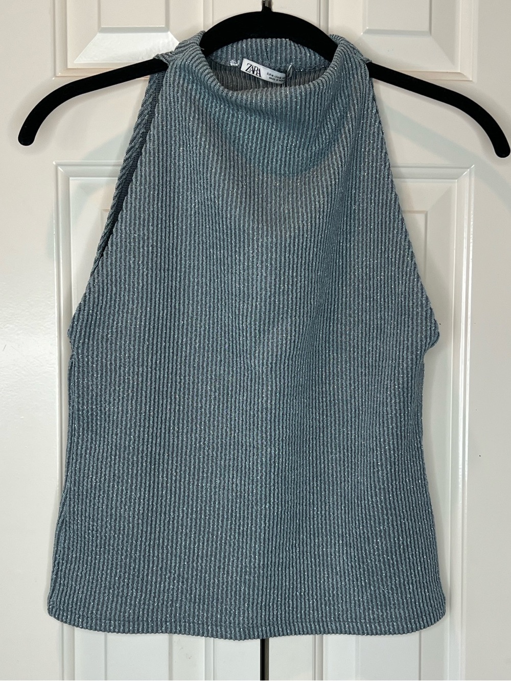 NWT ZARA High Neck Ribbed Sleeveless blue shimmer top